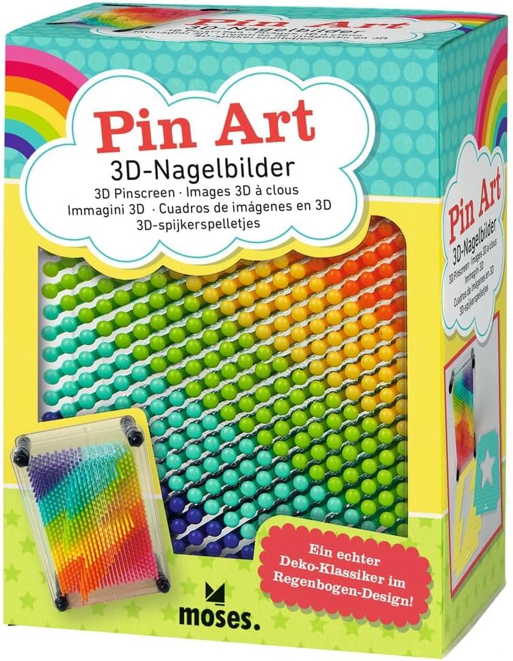 moses. 3D Nail Pictures Rainbow Pin Art, Nail Board for Children in Rainbow Colours, Retro Game with Plastic Nails, Includes Flash and Star Stencils for Impressive 3D Sculptures, Medium