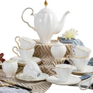 Porcelain Tea Set for Adults, Coffee and Tea Gift Sets, Cups Saucers for 6 People with Ceramic Teapot, Sugar Bowl