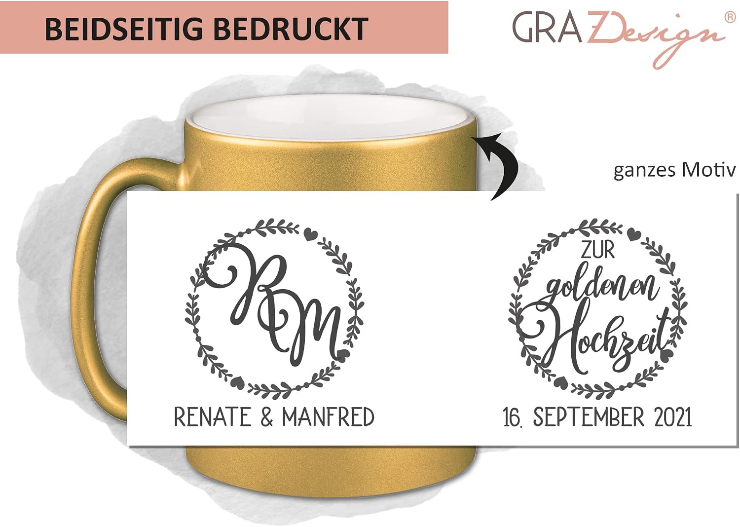 GRAZDesign Golden Wedding Anniversary Gift for 50 Years, Gift Set Coffee Mug with Name, Initials and Date, 330 ml Ceramic – Bild 4