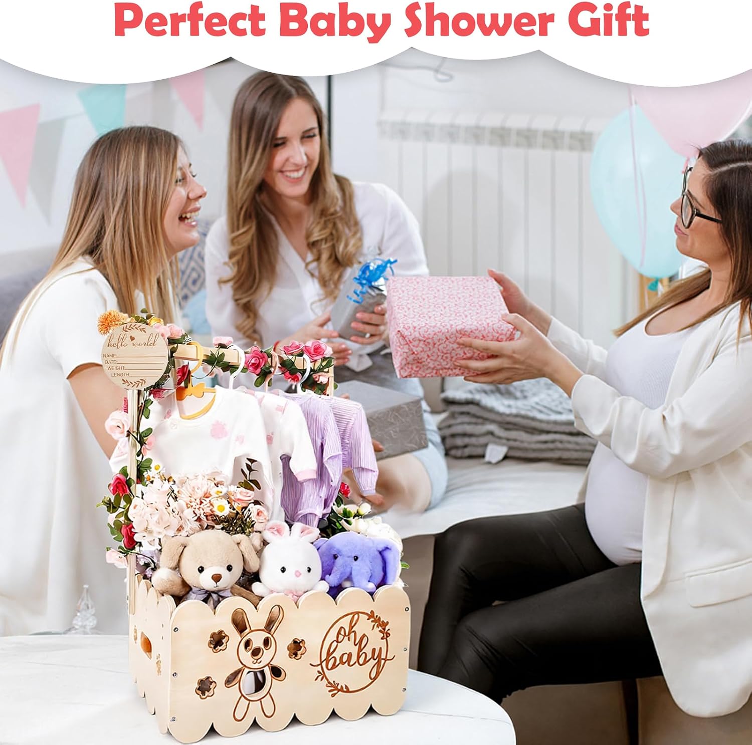 Wooden Baby Gift Basket with Handle - Baby Storage Basket, Baby Shower Cabinet with Name Badges Wood, Garlands Plastic and 4 Children's Clothes Hangers for Newborn Baby Shower New Parents – Bild 2