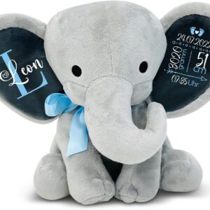 Love Faith – Cuddly Toy Grey Elephant with Blue Bow – Personalised Baby Plush Toy – Perfect Gift Idea for Birthday, Christening or Birth