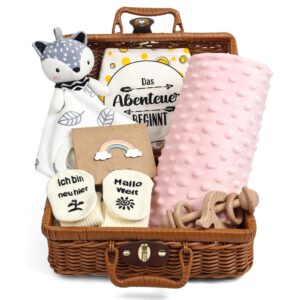 Newborn Gift, 7-in-1 Baby Gift Set for Boys and Girls: Baby Blanket, Comforter, Wooden Rattle with Elephant, Bib, Socks in Gift Box, Baby Birth Gift, Baby Shower Idea Rose Pink