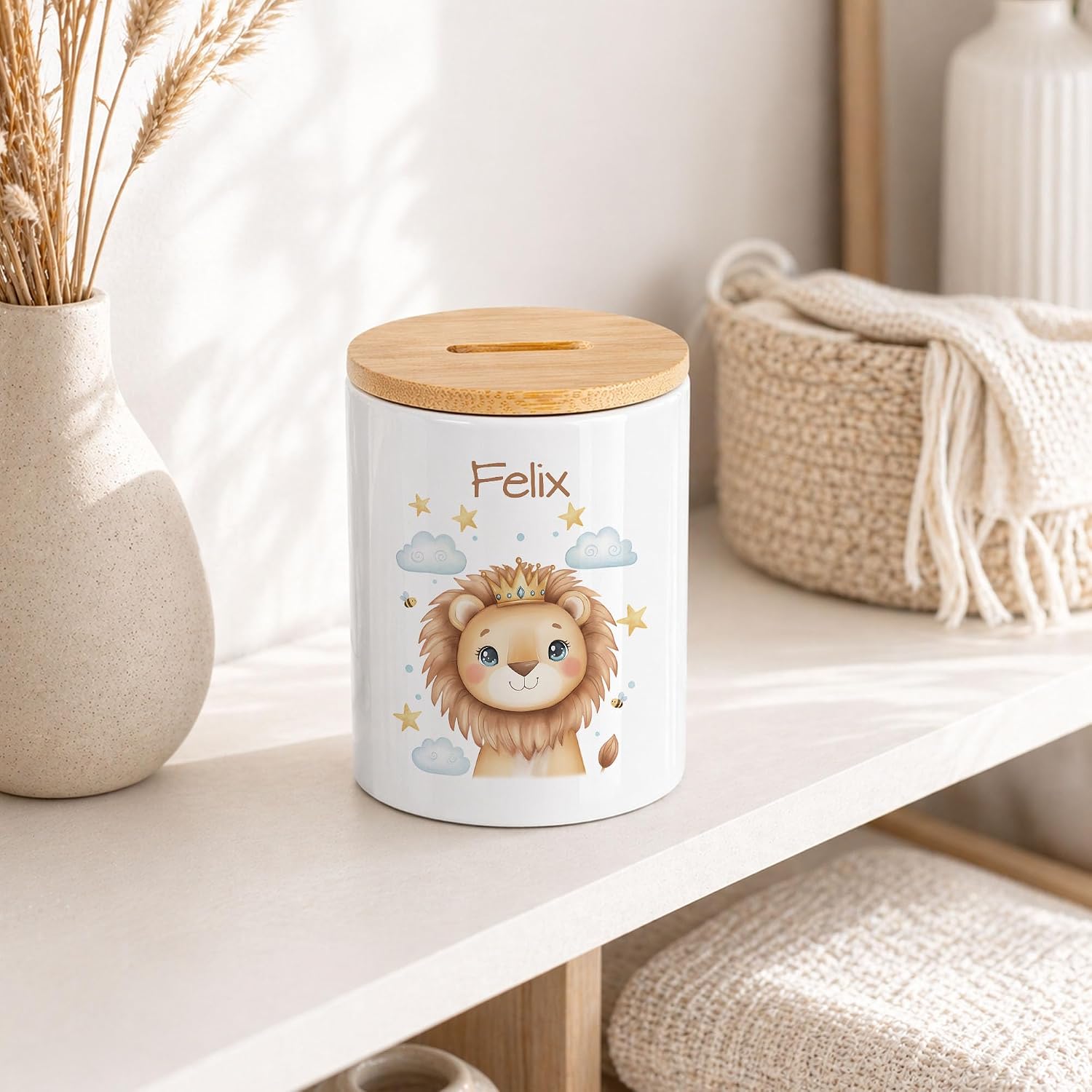 Personalised Bamboo Money Box with Name, Cute Lion Crown Design, Gift Children Birth Christening, Boys Baby Piggy Bank, Cute Wish Filler – Bild 7