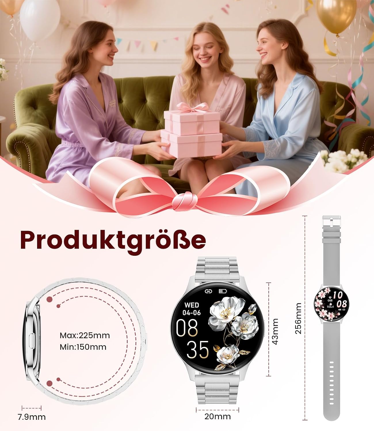 Women's Smartwatch (2 Bracelets), Premium Metal Bracelet, 1.43 Inch HD AMOLED Display, 120+ Sports Modes, Fitness Watch with Sleep Tracking, Phone Function, Watch for iOS Android, Silver – Bild 9