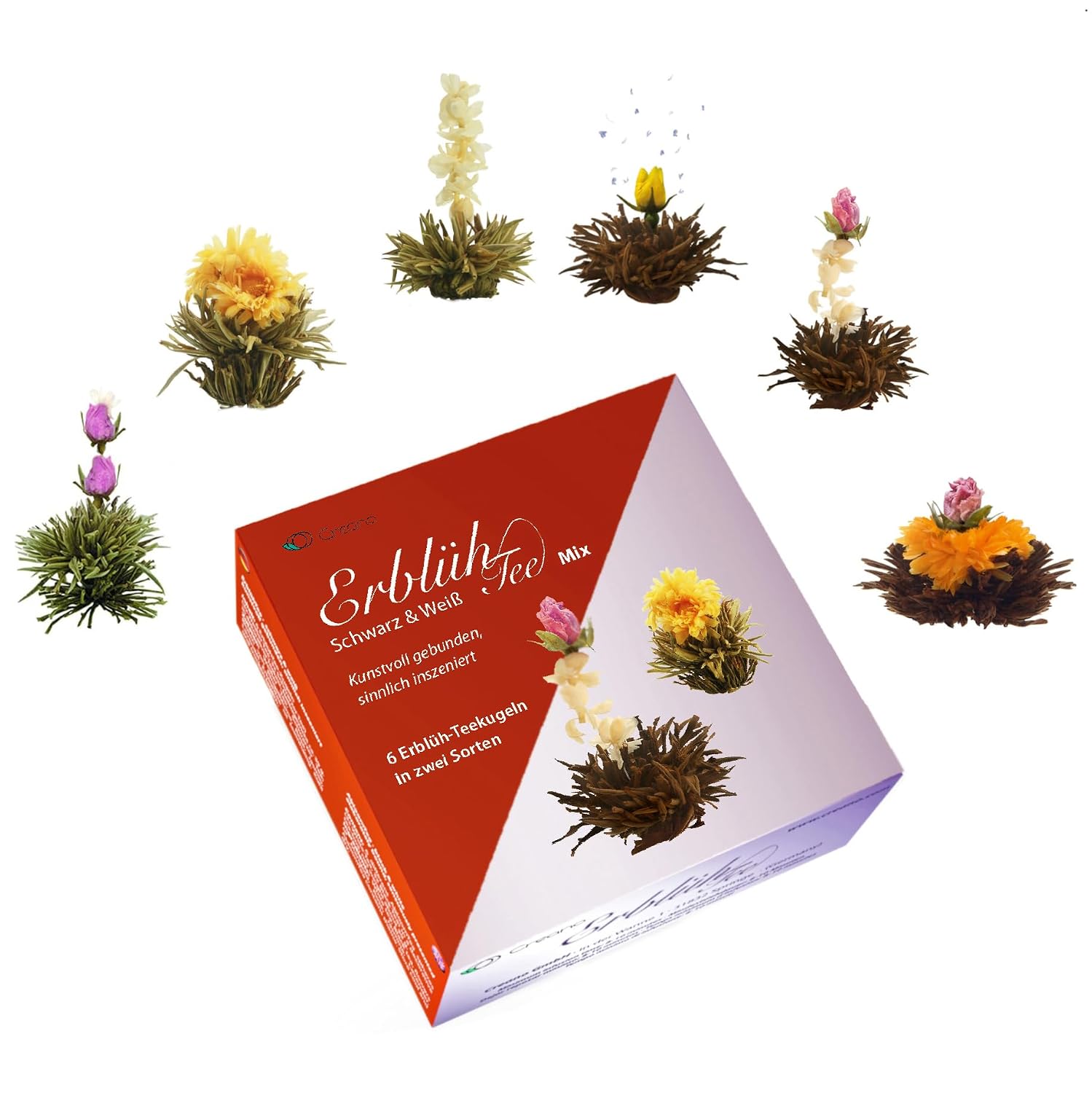 Creano Tea Flowers Gift Set - Blooming Tea with 500 ml Glass Jug & 6 x Black & White Tea + 1 x Teelini Black Tea Bonus Ball - 8 Pieces – Bild 7