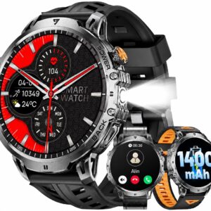 LIGE Military Smartwatch Men (3 Bracelets) - 1000 mAh / 1.85 Inch HD Large Touch Screen/LED Light, Fitness Watch with 110+ Sports Modes, Heart/Sleep Tracking, Sports Watch for iOS/Android, Jet Black