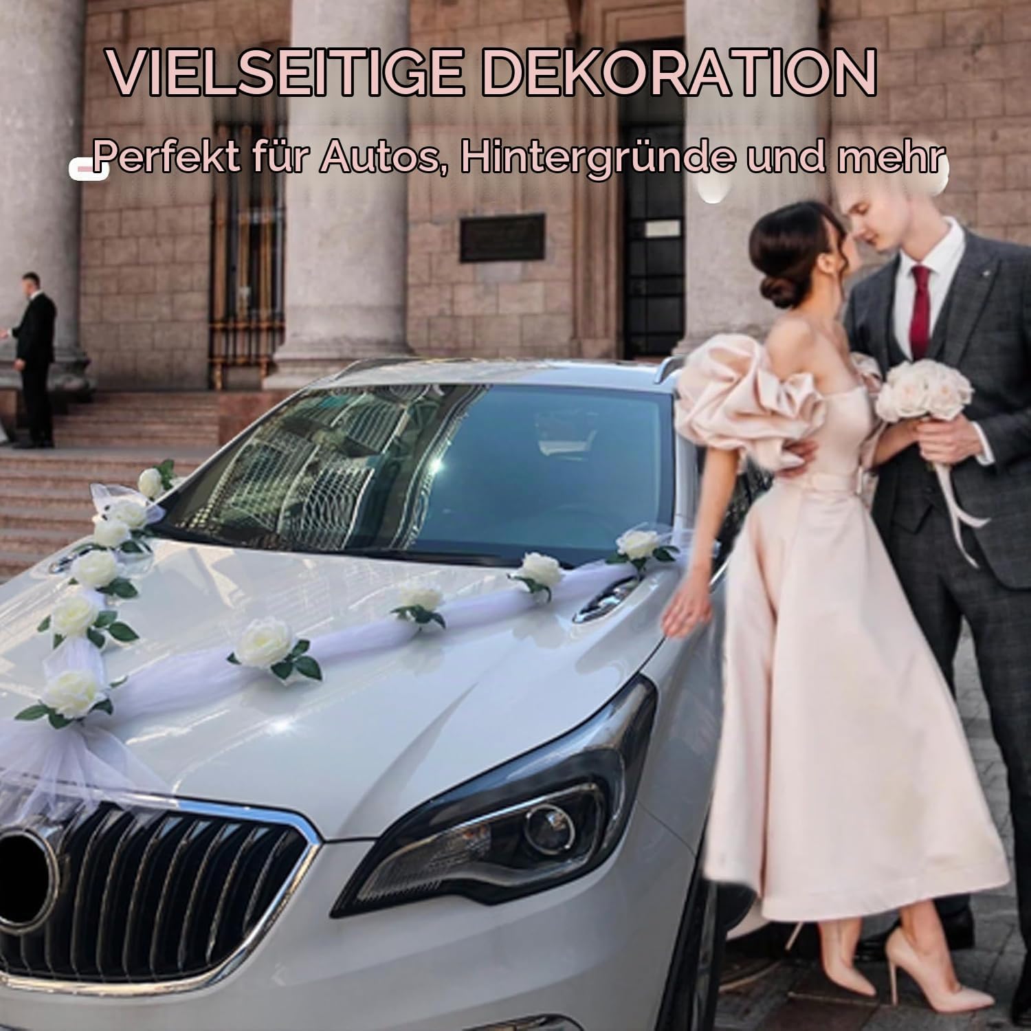 Wedding Car Decoration, White Wedding Decoration, Car Decoration with 11 Roses & Garland, Car Jewellery with Suction Cups and Length Bands, Bridal Car Decoration for Bonnet Party – Bild 5