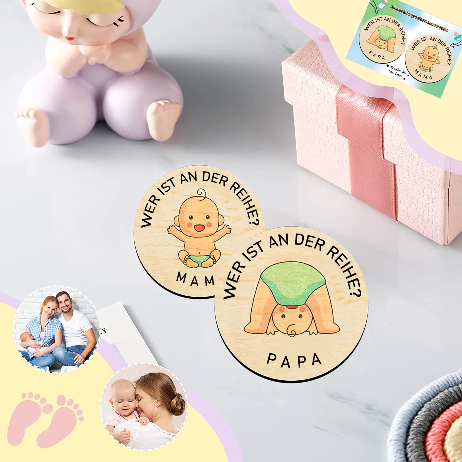 PulangRen Gifts for birth, pregnancy gift, wooden decision coin, gift idea for expectant mothers, christening gifts – Bild 7