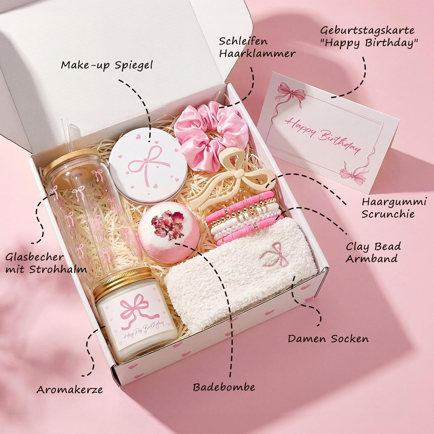 Luxury Birthday Gift for Women - Pink Bows Gift Box as Elegant Wellness Gift Set with Scented Candle, Bath Bomb, Glass Cup & Selected Beauty Accessories – Bild 2
