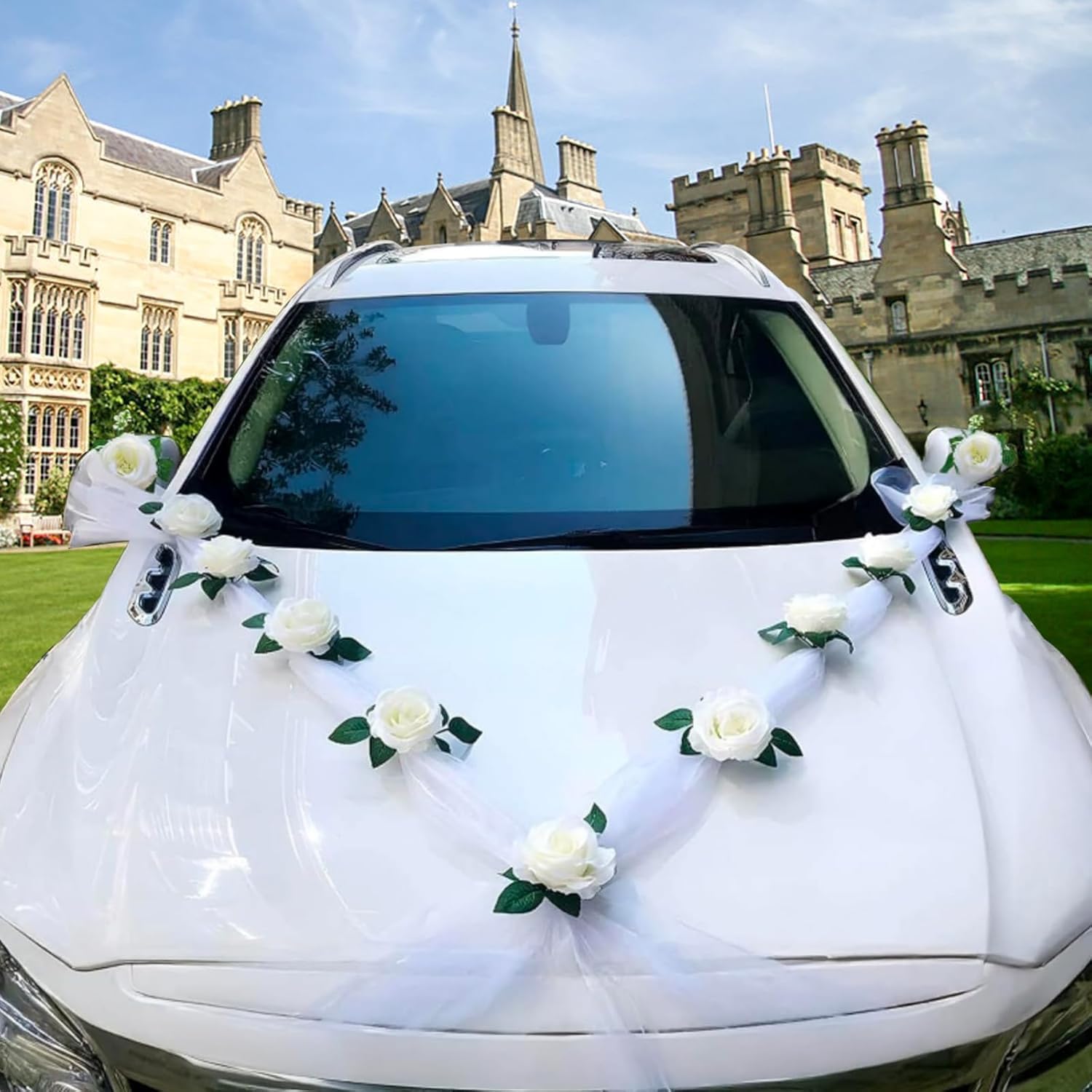 Wedding Car Decoration, White Wedding Decoration, Car Decoration with 11 Roses & Garland, Car Jewellery with Suction Cups and Length Bands, Bridal Car Decoration for Bonnet Party