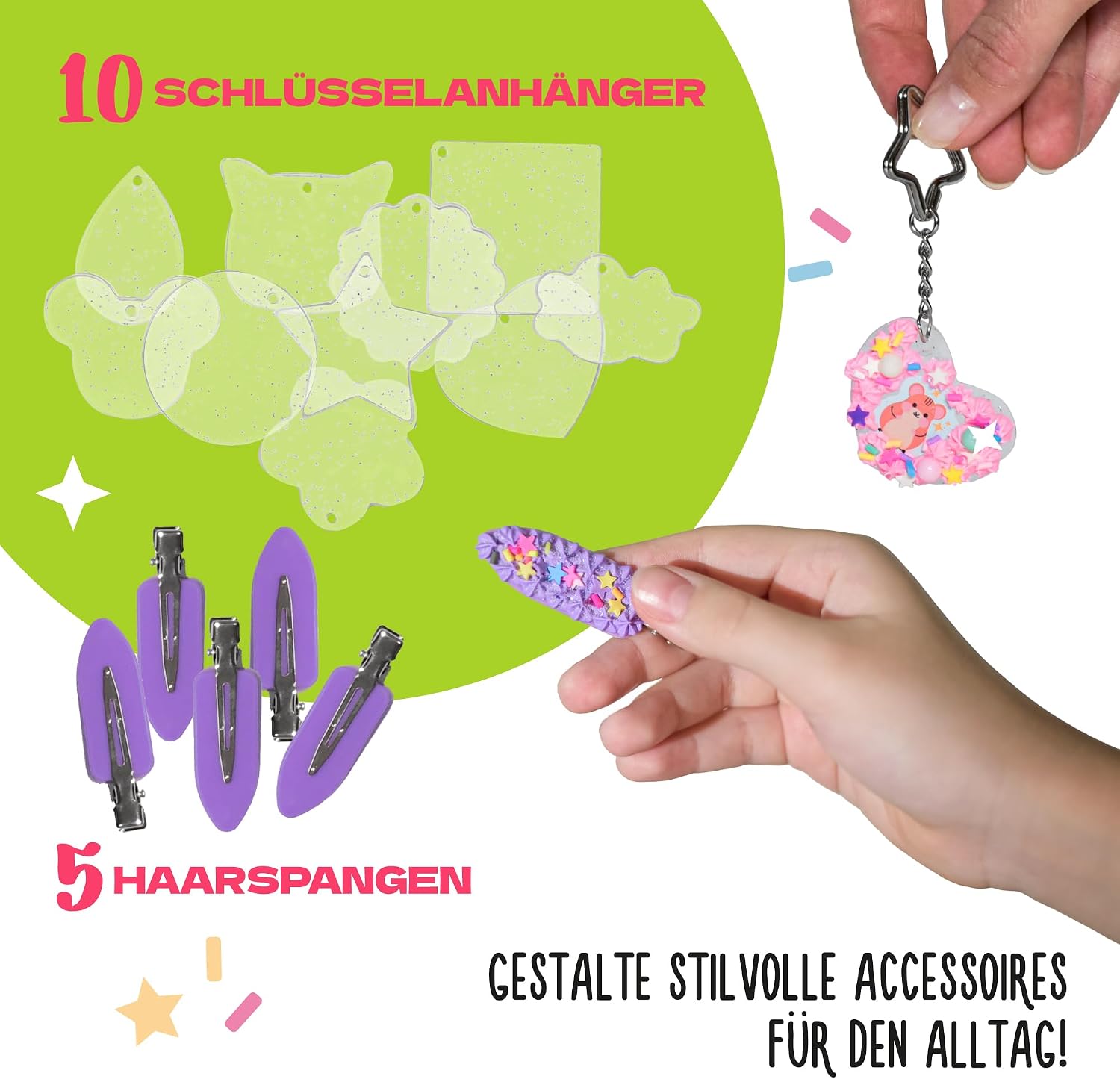 CRAFTY CATS Craft Set Children's DIY Set for Creativity Cupcake Keyring and Hair Clips with Cream Glue Glitter and Beads Craft Case Gift for Girls from 6 Years Ideal from 8 Years – Bild 6