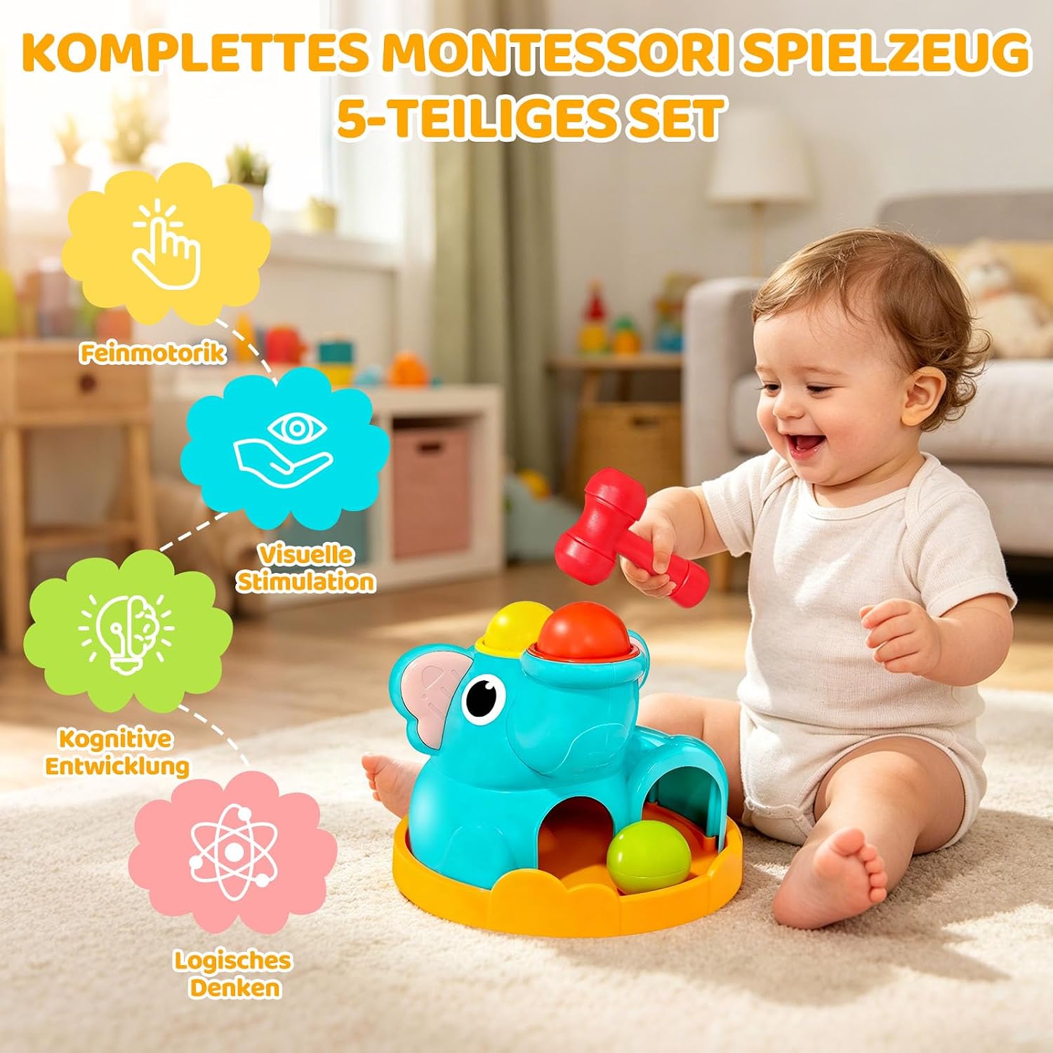 DQMOON Montessori Toy from 1 Years, Montessori Motor Skills Toy with Hammer and 3 Balls, Knocking Game for Children 1 2 Years, Baby Toy to Promote Fine Motor Skills, Educational Toy Boys Girls – Bild 2