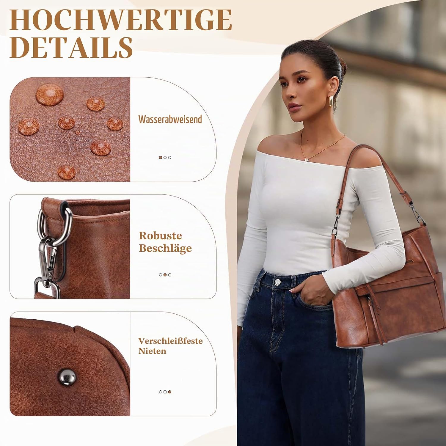 VASCHY Handtasche Damen, Vegan Leder Schultertasche Henkeltasche Groß Crossbody Hobo Bag Umhängetasche Geldbörsen Set – Bild 6