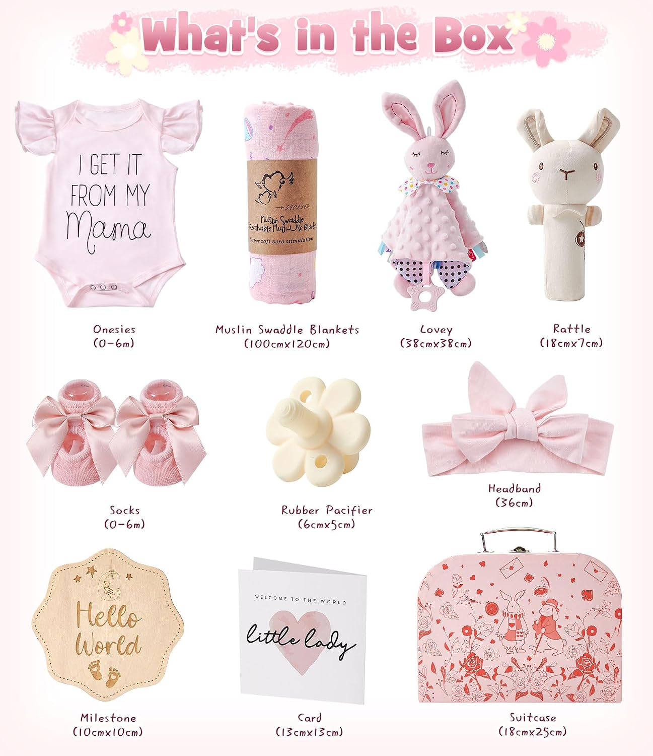 Baby Gift Boys Girls Newborn Gifts for Birth with Comforter Blanket / Baby Romper / Socks / Muslin Blanket / Rattle Nappy Cake Gift Box Baby Shower Party Gender Reveal Gift (Pink) – Bild 2