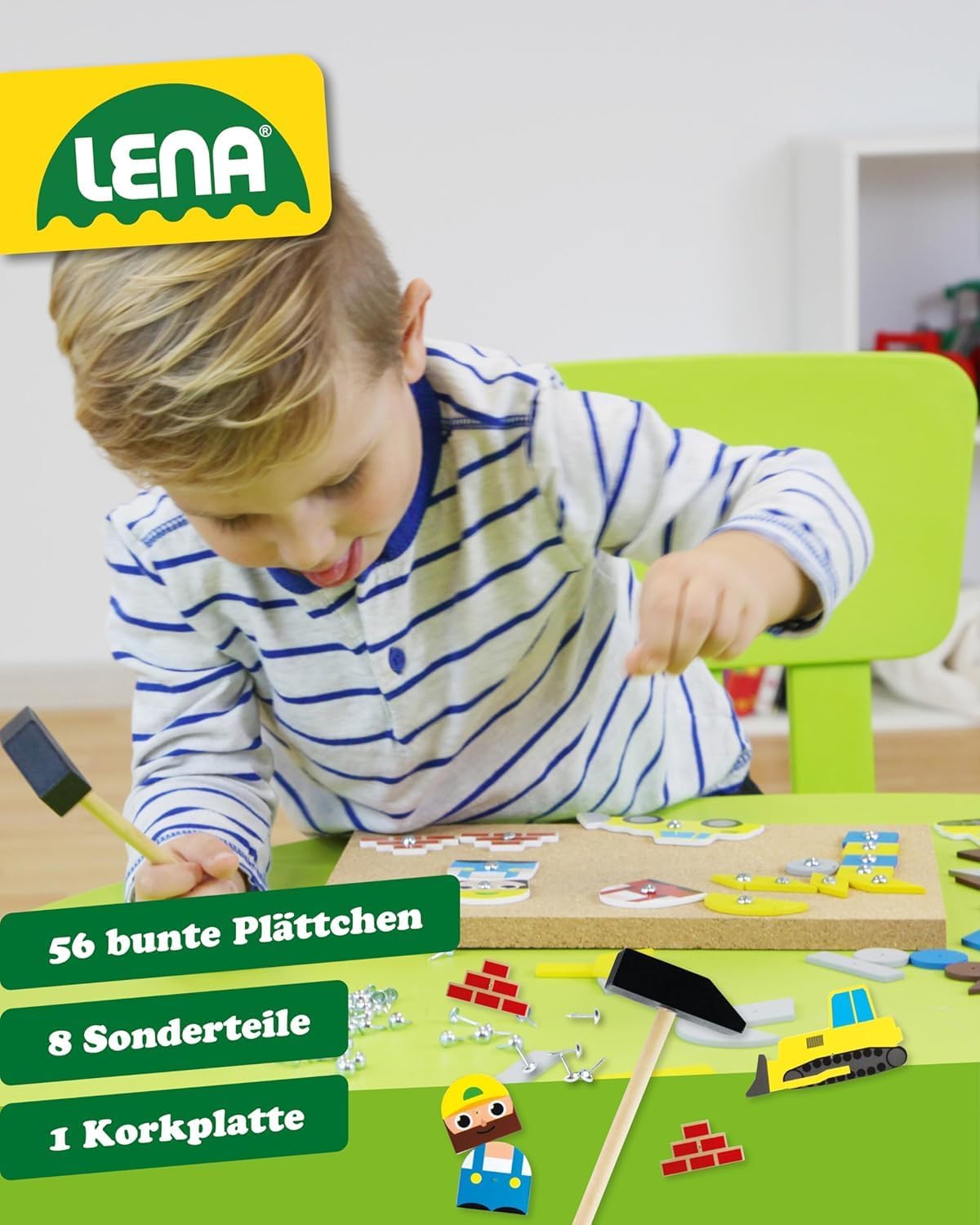 Lena 65828 Hammering Game, Building Site Game, Nail Game with 64 Pieces in 7 Shapes and 8 Building Site Parts, Cork Base Plate, Approx. 28 x 19.5 cm, hammer and nails, hammering game for children over 3 years – Bild 3