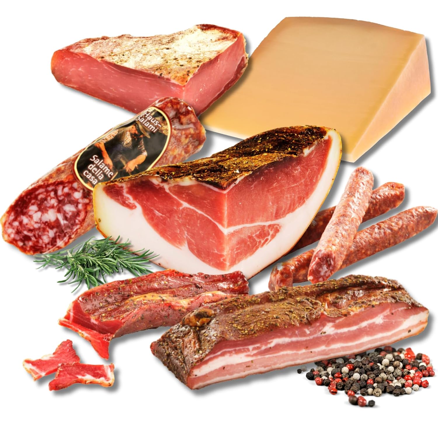 BAVAREGOLA South Tyrolean Specialities Gourmet Package - 7 Delights in One Set - South Tyrolean Bacon, Cheese, Salami, Pancetta & Ham