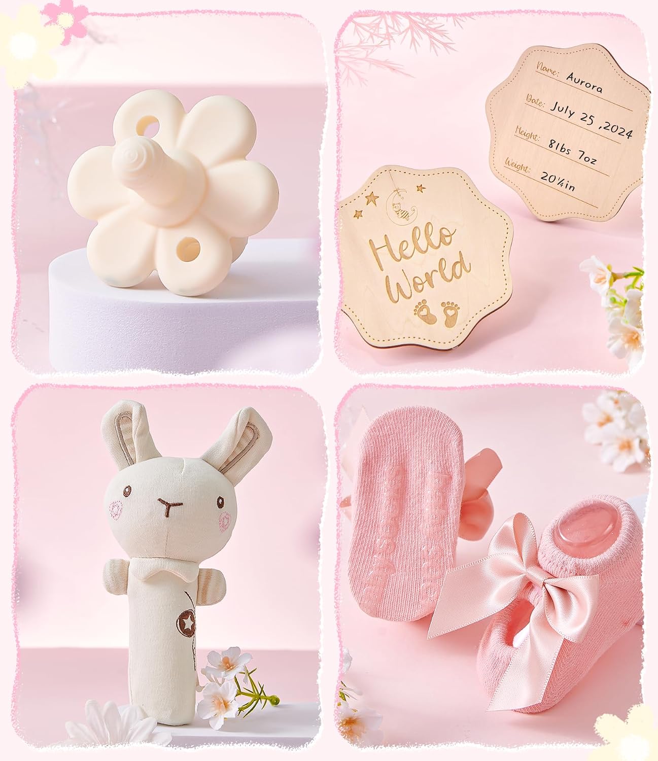 Baby Gift Boys Girls Newborn Gifts for Birth with Comforter Blanket / Baby Romper / Socks / Muslin Blanket / Rattle Nappy Cake Gift Box Baby Shower Party Gender Reveal Gift (Pink) – Bild 6