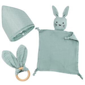 Baby Gift Boy Girl Newborn Gift Set Baby Gifts 3 Pieces Gifts for Birth with Cuddly Cloth Rabbit and Teether Wooden and Bib Baby for Newborn Baby Shower Things (Mint)