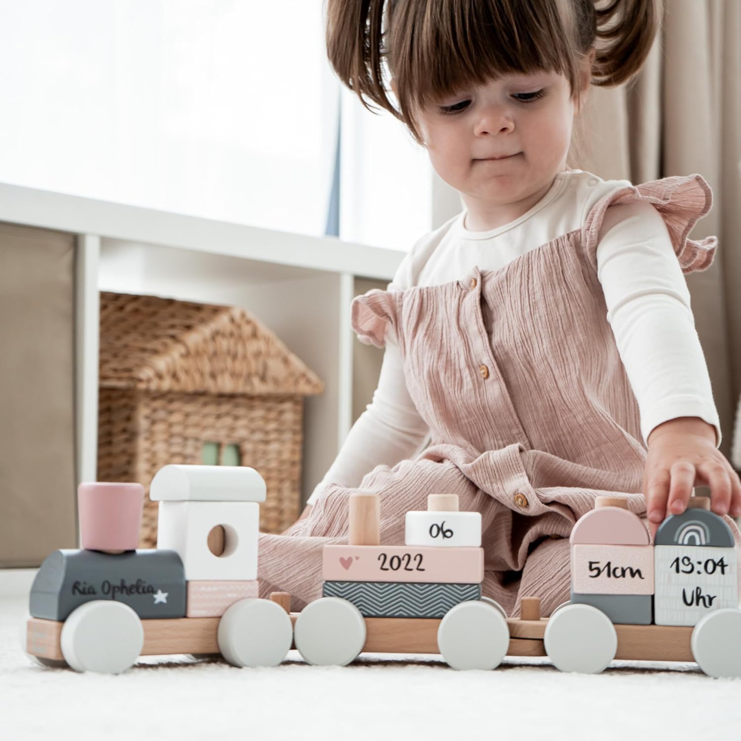 Personalised Wooden Train Pink - Personalised Gifts Baby | Plug Toy | Gift for Birth Girl | Wooden Train with Name & Birth Data - Label Label – Bild 2