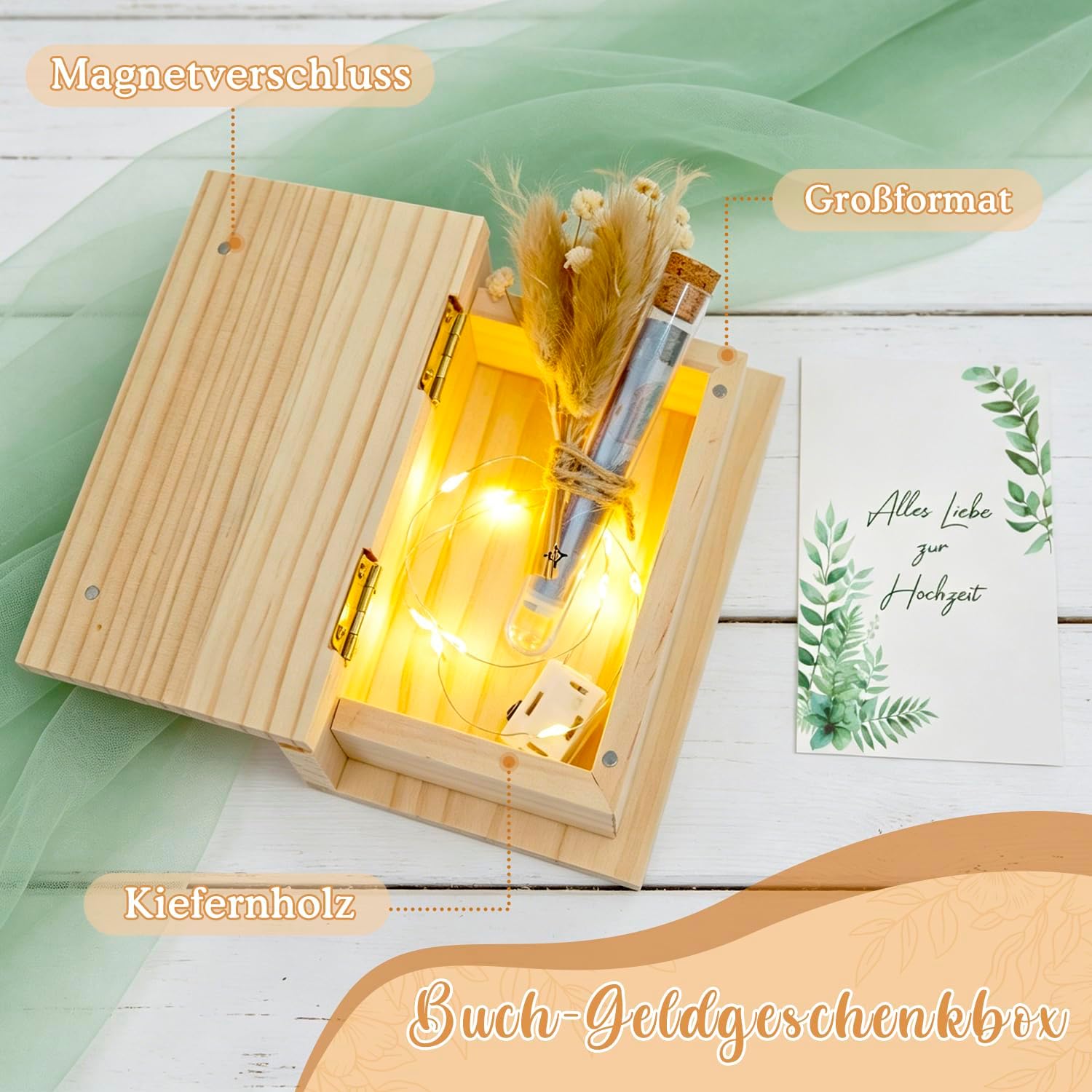 Money Gift Wedding Wooden Money Gift - Wedding Gift Wooden Box in Book Shape Creative Gift Bride and Groom Wedding Memory Box Set with Test Tube Fairy Lights Dried Flowers Greeting Cards – Bild 4