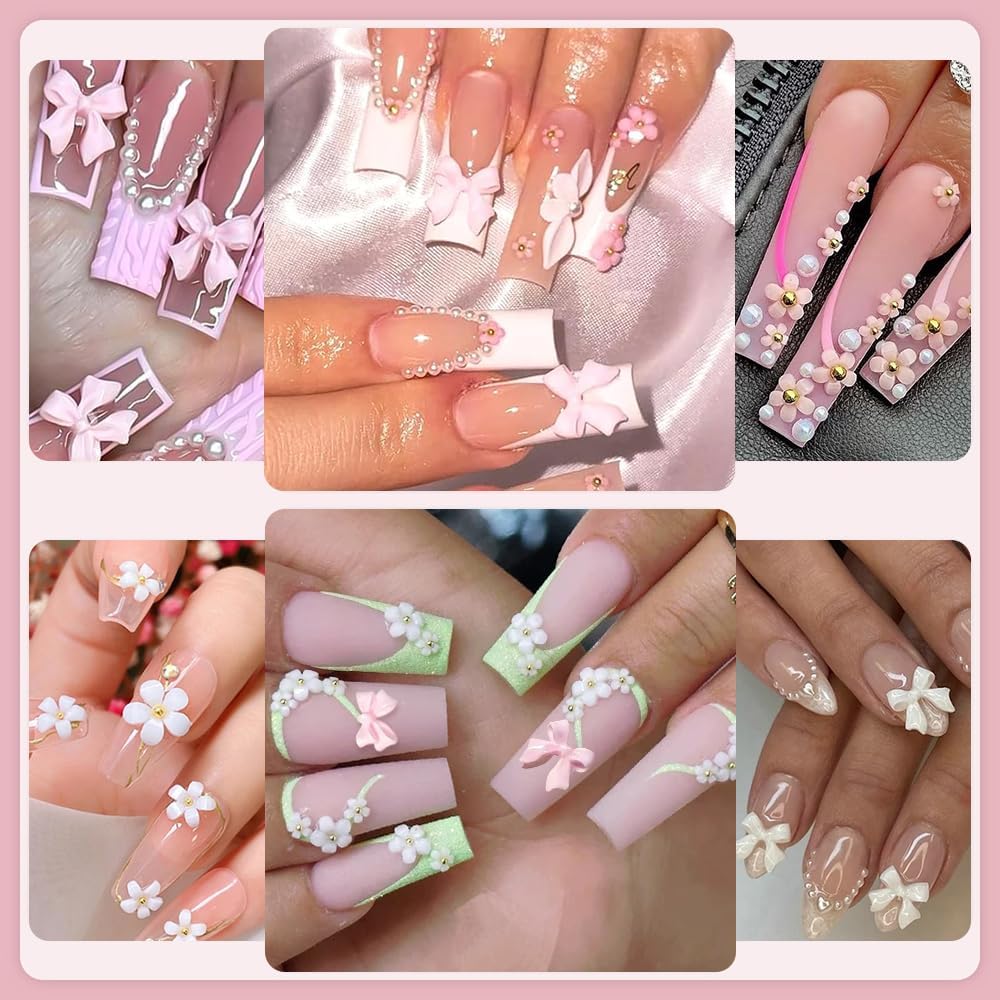 Nail Charms, Flower Nail Charms, 3D Pink Bow Nail Art Decoration, 3D Acrylic Flowers Nail Gems with White Half Pearls for Women Acrylic Nail – Bild 2