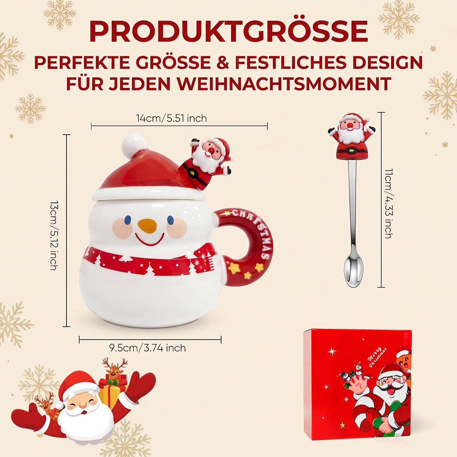 Christmas Mugs 360 ml Ceramic Snowman with Spoon Christmas Cups Box – Bild 2