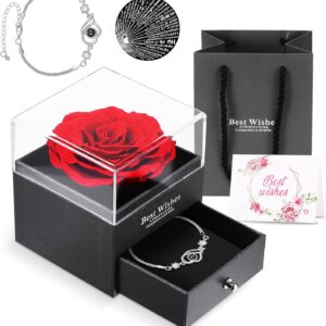 ALLOMN Rose Gifts for Women Mum Girlfriend Eternal Real Rose Preserved Infinity Roses Gift Box with I Love You Bracelet for Mother’s Day Birthday Valentine’s Day Anniversary Christmas
