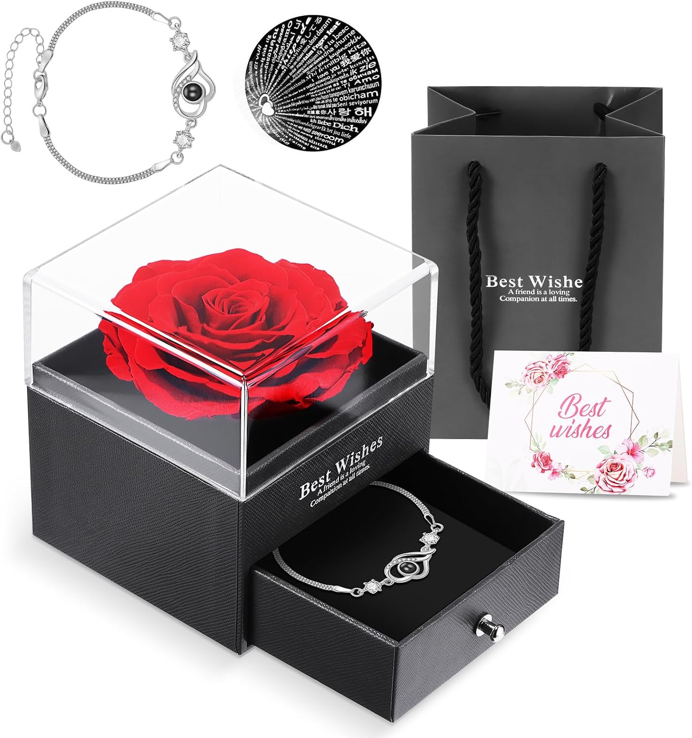 ALLOMN Rose Gifts for Women Mum Girlfriend Eternal Real Rose Preserved Infinity Roses Gift Box with I Love You Bracelet for Mother's Day Birthday Valentine's Day Anniversary Christmas