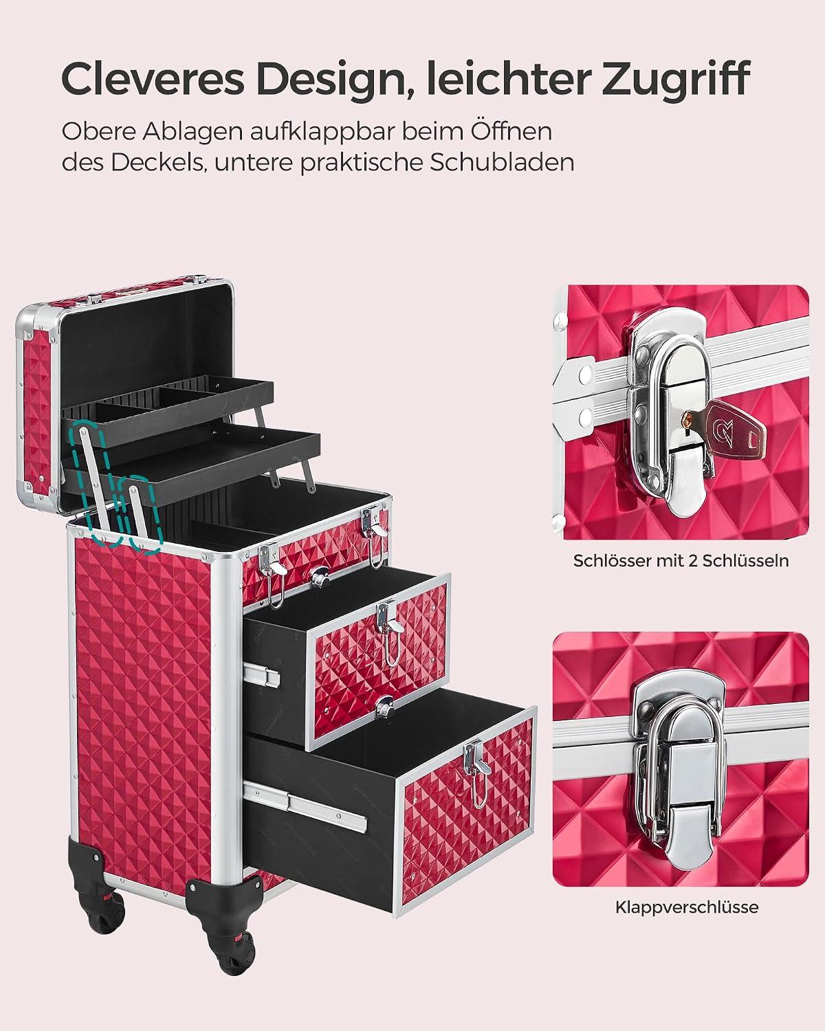 Songmics Make-Up Trolley, Cosmetic Case, Make-up case, Hairdresser’s Case, with 4 Removable, Universal Wheels, Top with 3 levels, Drawers with Slide Rails, Professional, for Travel Red – Bild 4