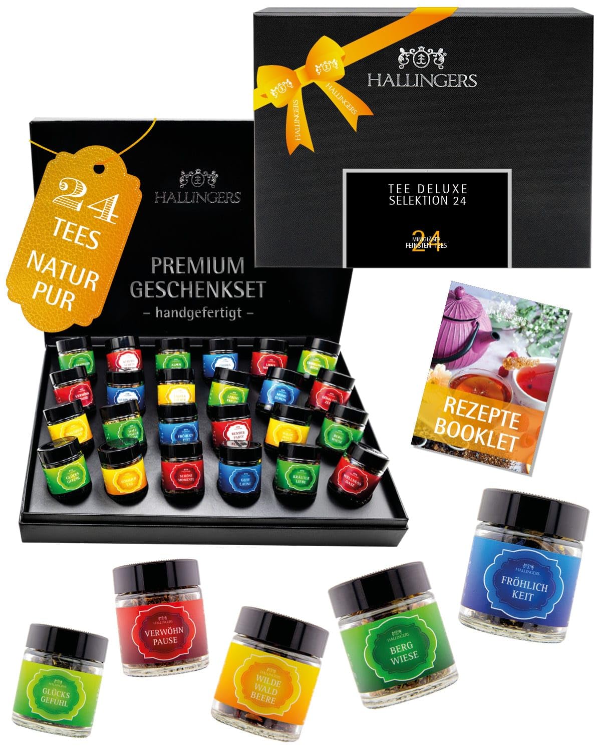 Hallingers Genuss Manufaktur Tea Gift Set - 24 Varieties Premium Loose Tea Tasting Set in Elegant Gift Box with Recipe Booklet "Tea Deluxe Sele...", Gift Idea for Women Men
