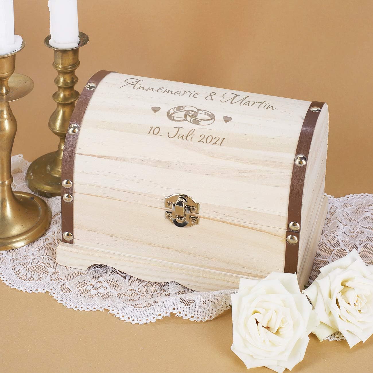 Herz & Heim® Personalised wedding gift, treasure chest with engraving in various sizes, wedding rings, approx. 15 cm x 10.5 cm x 9.5 cm (W x H x D) – Bild 5