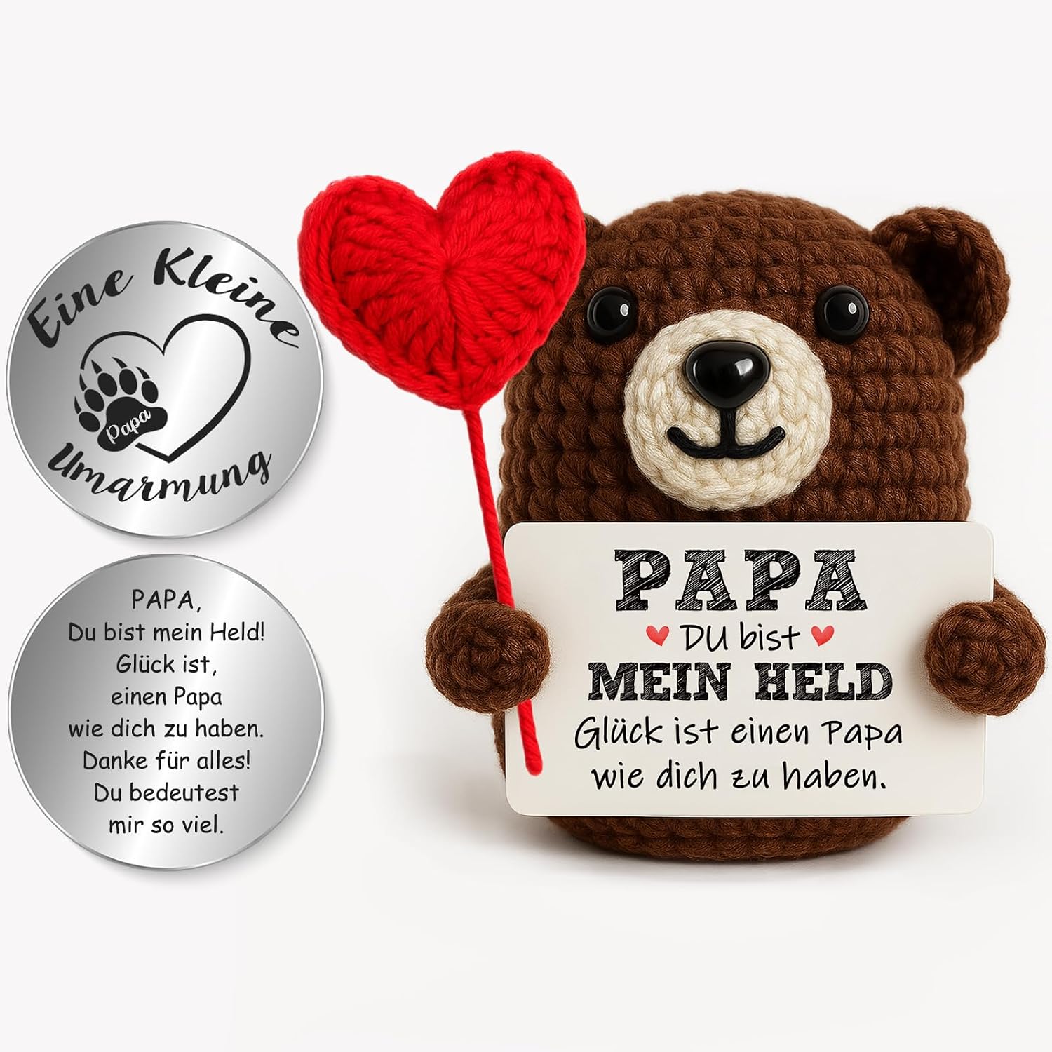 Tixlux Gift for Dad, Father's Day Gift, Happy Bear with Heart, Handmade Knitting Wool Bear Figure with Hug, Lucky Charm, Father's Day, Get Well, Christmas