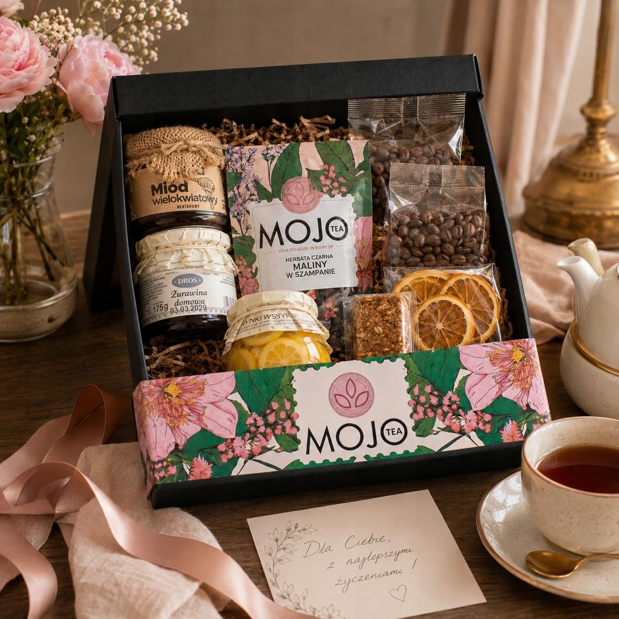 MOJO TEA Delicatessen Thank You Box Gift Basket Coffee Tea Honey Jam Gift Box with Fruit Tea, Arabica Coffee, Flower Honey, Lemons in Syrup, Cranberry Jam, Sweets - Gift Box – Bild 6