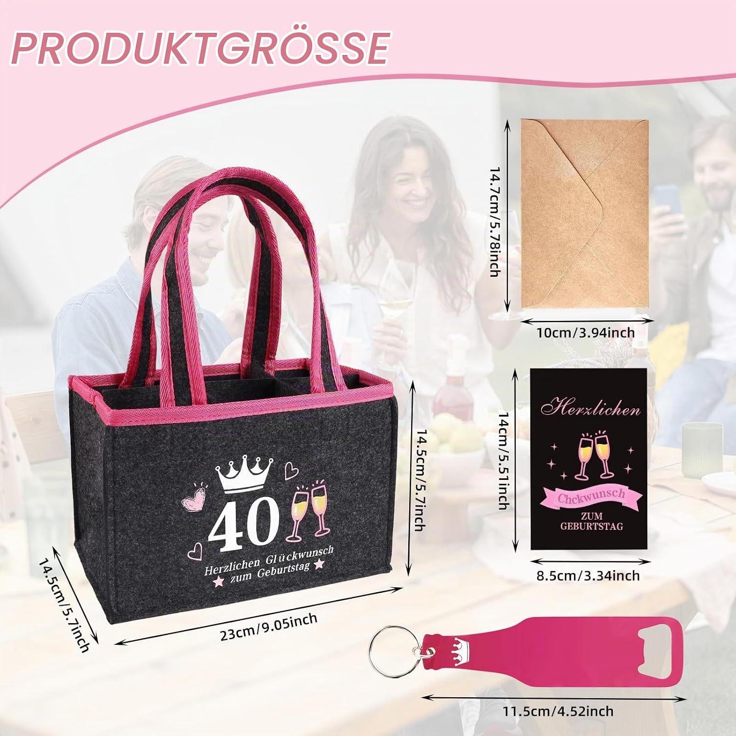 Original Gifts 40th Birthday Beer Woman, Bottle Bag with Bottle Opening and Card, for 6 Beer Bottles, Wine, Reusable Handbag, Happy Birthday for Wife, Girlfriend, Sister, Beer Carrier (40) – Bild 4