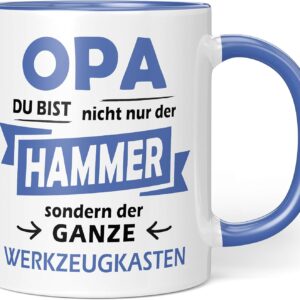 Grandpa Mug with Saying Opa Du Bist Nicht nur der Hammer Gift for Grandpa for Birthday Christmas (Grandpa – Handle & Inside Blue)
