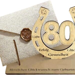 Wooden Horseshoe Stand for 80th Birthday, Creative Gift 80th Birthday Man and Gift 80th Birthday Woman, Guest Book 80th Birthday Decoration with Envelope, Original Money Gifts