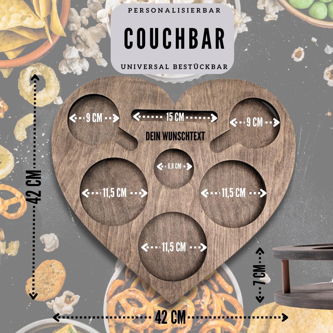 Heart Personalised Couch Bar in Grey - Sofa Tray with 4 Glass Bowls - Couch Bar Snack Bar Personalised - Snack Box for Couch - Sofa Bar - Couch Butler – Bild 3