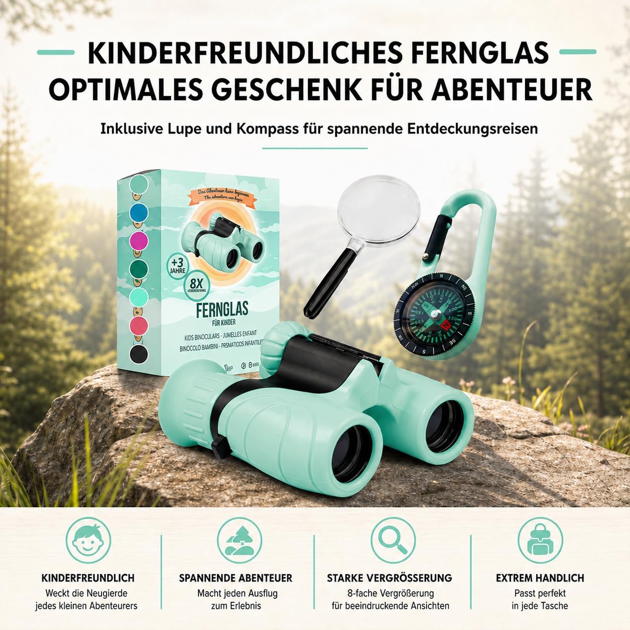 Binoculars for Children - Ideal Gift for Boys and Girls - Strong Magnification 8 x 21 - Comprehensive Set Including Magnifier & Compass - Toy for Children 3-12 Years – Bild 8