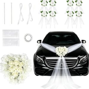 Car Decoration Wedding Bonnet Set, White Car Decoration Wedding Flowers, Bridal Car Decoration Wedding Includes 1 Heart-Shaped Flower Wreath, 4 Door Handle Flowers and 2 1.8 m Long Tulle Ribbons