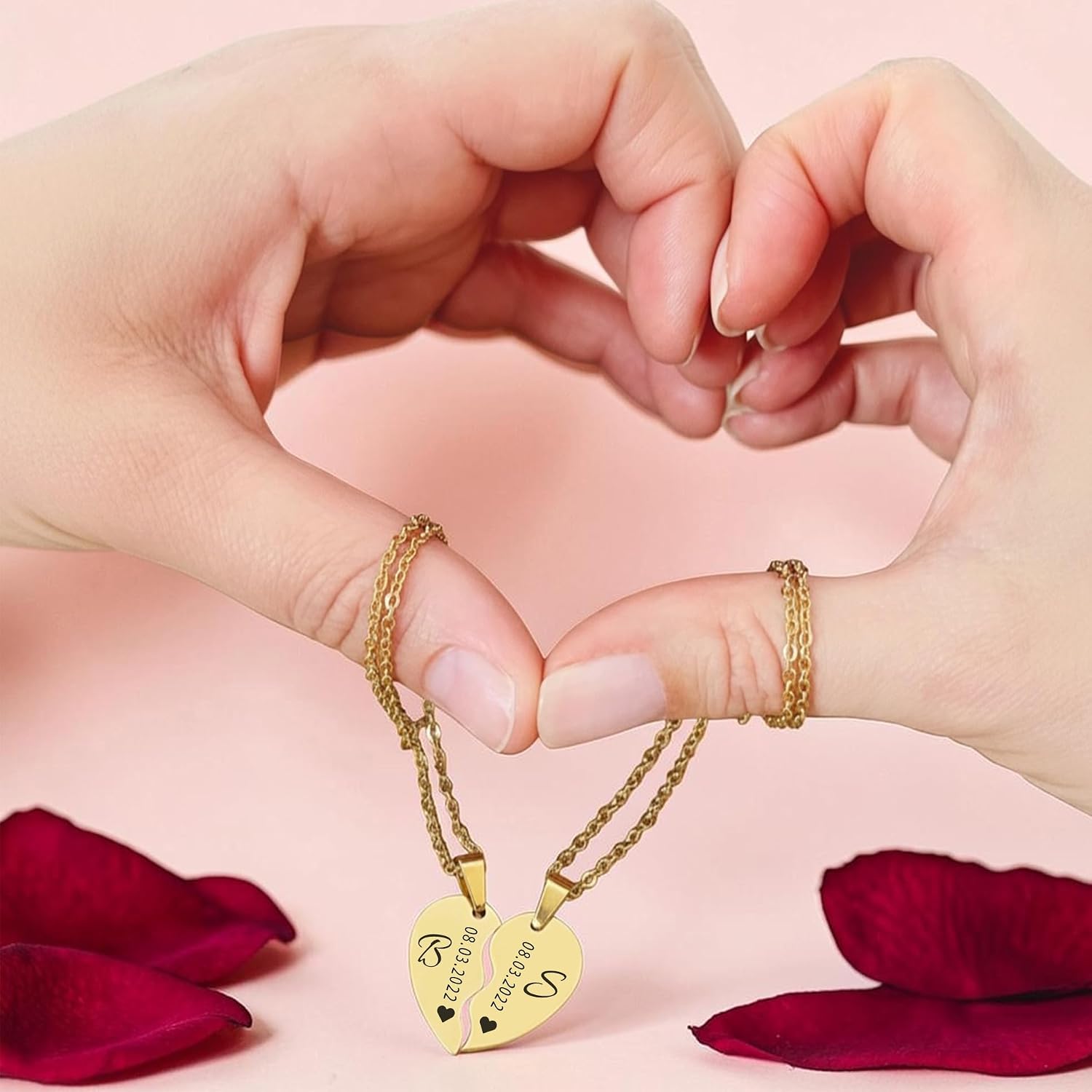 Heart Necklace for Couples with Engraving, Personalised with Name, Date, Saying | Women, Men, Girlfriend, Lovers, Adjustable Chain 45 cm, Waterproof with Back – Bild 6