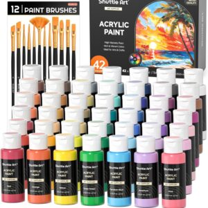 Shuttle Art Acrylic Paint Set, 42 Acrylic Colours in Bottles (60 ml each) with 12 Brush Set & 1 Palette, Non-Toxic Acrylic Paint, Waterproof for Artists, Beginners, Adults on Canvas, Stones, Wood