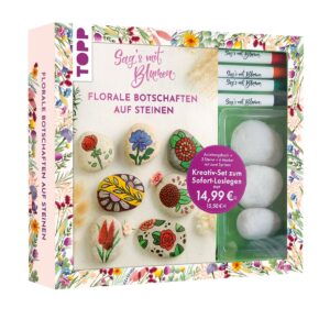 Creative Set – Sag’s with Flowers – Floral Messages on Stones with Instructions Book and Material: Box, Book (32 Pages, DIN A5, Softcover), 3 Stones, 4 Markers with 2 Tips in Red, Orange, Green, Black
