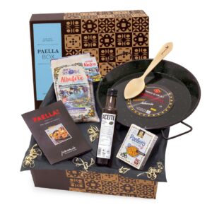 jamon.de PAELLA BOX with Paella Pan, Rice, Olive Oil, Saffron Spice, Spoon & Recipe Card - Ready to Give as a Gift in Gift Box