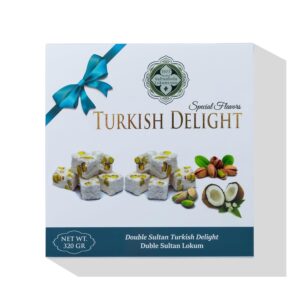 Meşhur Safranbolu Lokumcusu Turkish Delight Pistachio Flavoured Pomegranate Gourmet Snack Lover, Turkish Delight Candy Gift Box (320g, Pistachio & Coconut)