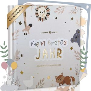 Lebenskompass Baby Album My First Year "Pure" with Over 75 Stickers and Saying Card Extra - A Baby Book to Enter - The Baby Diary & Memory Book for Girls and Boys