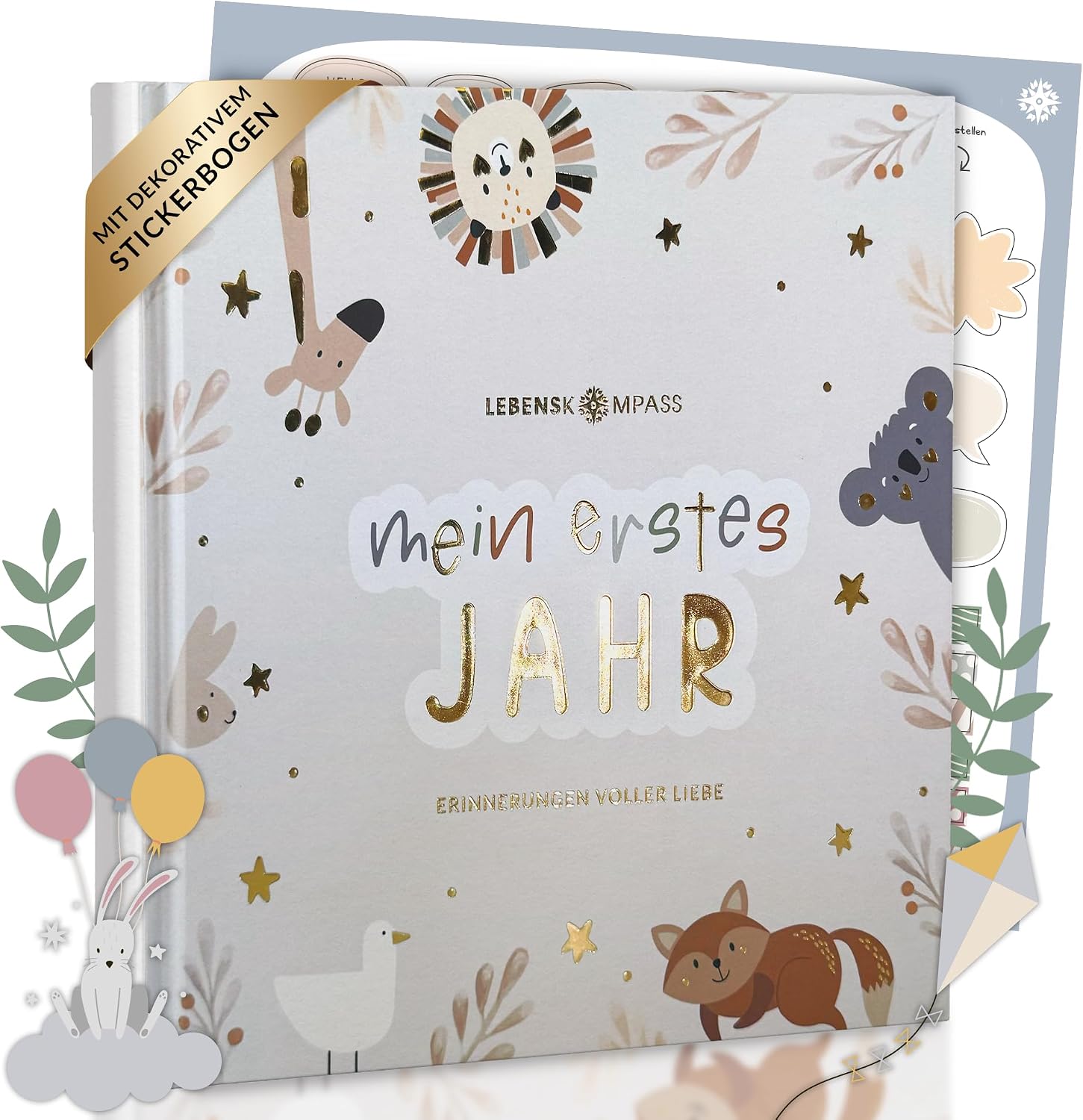 Lebenskompass Baby Album My First Year "Pure" with Over 75 Stickers and Saying Card Extra - A Baby Book to Enter - The Baby Diary & Memory Book for Girls and Boys
