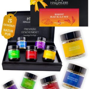 Hallingers Genuss Manufaktur Spice Gift Set – 5 Spices from around the World in High-Quality Gift Box with Recipe Booklet „Bread Backlust“, Gift Idea for Men and Women