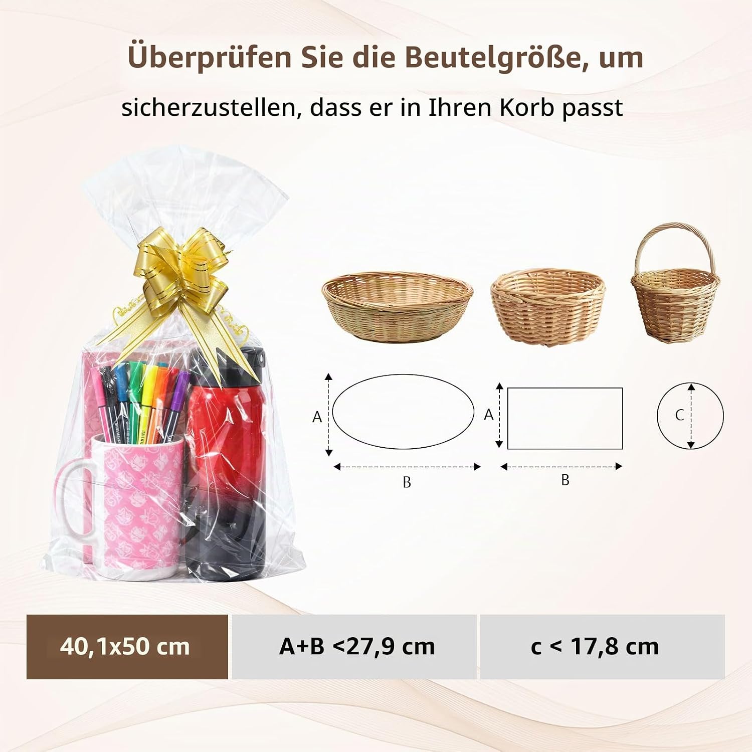 Boensi Pack of 50 Cellophane Bags with Bows, 40 x 50 cm, Clear Gift Bags for Gift Baskets, Halloween, Easter, Christmas, Fruit Baskets and Gift Wrapping – Bild 3