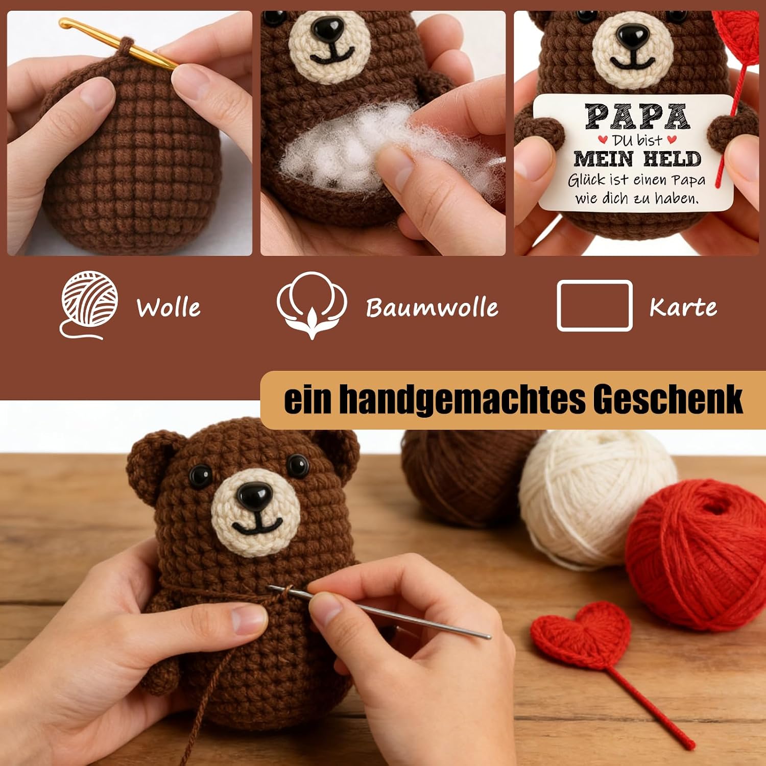 Tixlux Gift for Dad, Father's Day Gift, Happy Bear with Heart, Handmade Knitting Wool Bear Figure with Hug, Lucky Charm, Father's Day, Get Well, Christmas – Bild 3