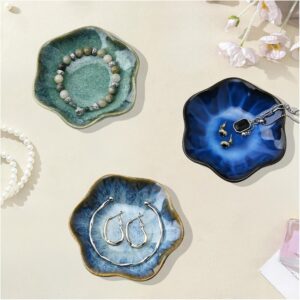 Set of 3 Ceramic Jewellery Bowls, Flower Shape Jewellery Plates, Decorative Jewellery Bowl, Aesthetic Room Decor, Ring Bowl for Bedroom, Dressing Table (Lagoon + Glacier + Starry Sky)